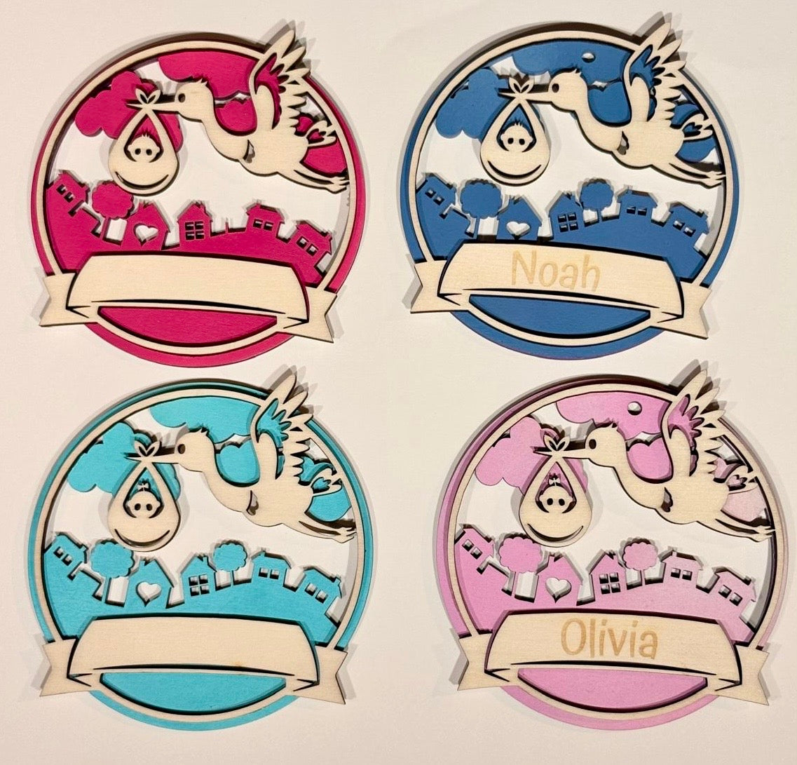Gepersonaliseerd Geboortebord Ooievaar – Houten Babykamer Naam Bord 10 cm