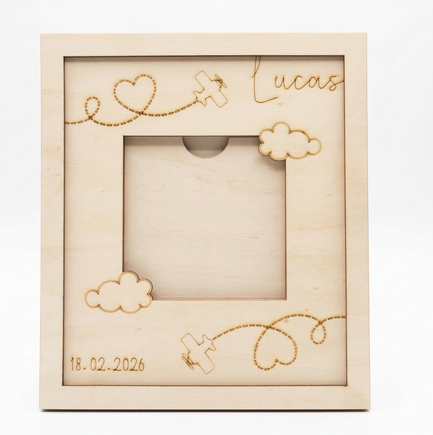 Gepersonaliseerd houten fotolijstje voor baby - vliegtuig design