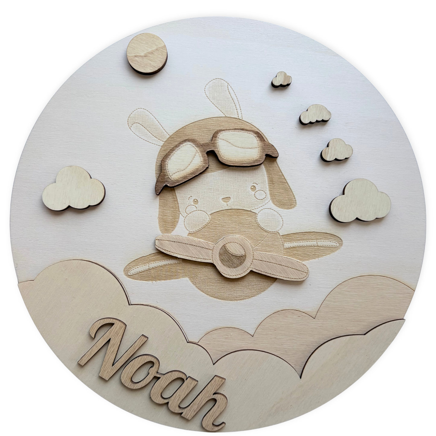 Gepersonaliseerd houten naam bord – konijn en vliegtuig – Scandinavische babykamer decoratie