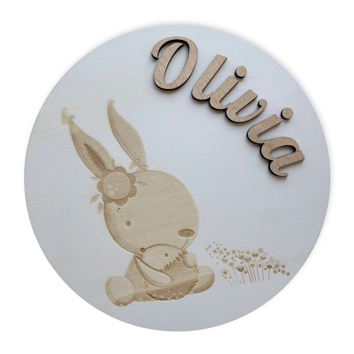 Gepersonaliseerd houten naam bord – Konijn met bloemen – Scandinavische babykamer decoratie