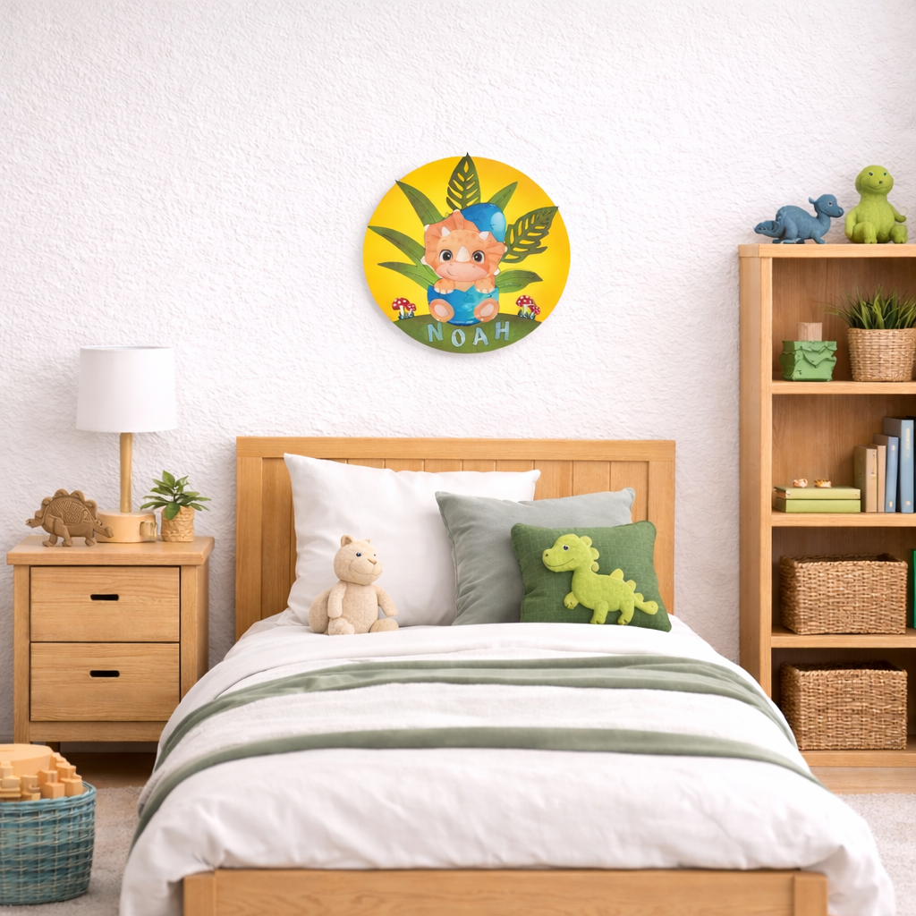 Naambord rond met letters Dino