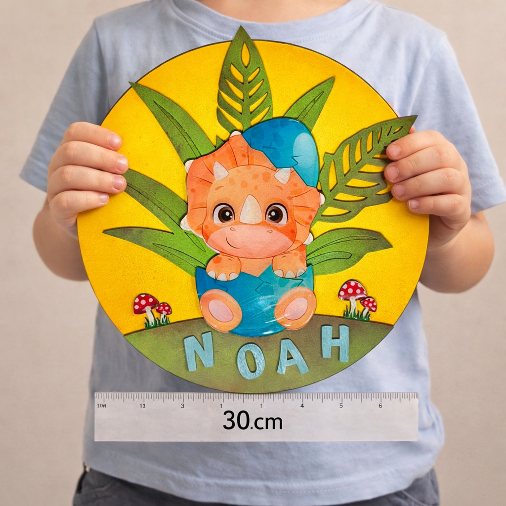 Naambord rond met letters Dino