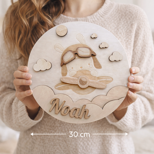 Gepersonaliseerd houten naam bord – konijn en vliegtuig – Scandinavische babykamer decoratie