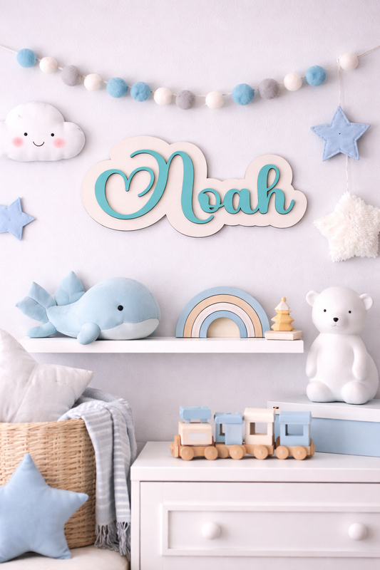 Gepersonaliseerd Houten Naambord Kinderkamer – 3D Naam Bord Babykamer - hart, blau