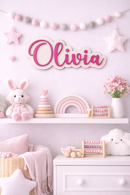 Gepersonaliseerd Houten Naambord Kinderkamer – 3D Naam Bord Babykamer - roze