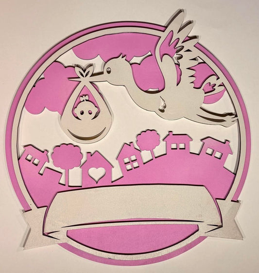 Geboortebord rond ooievaar met naam