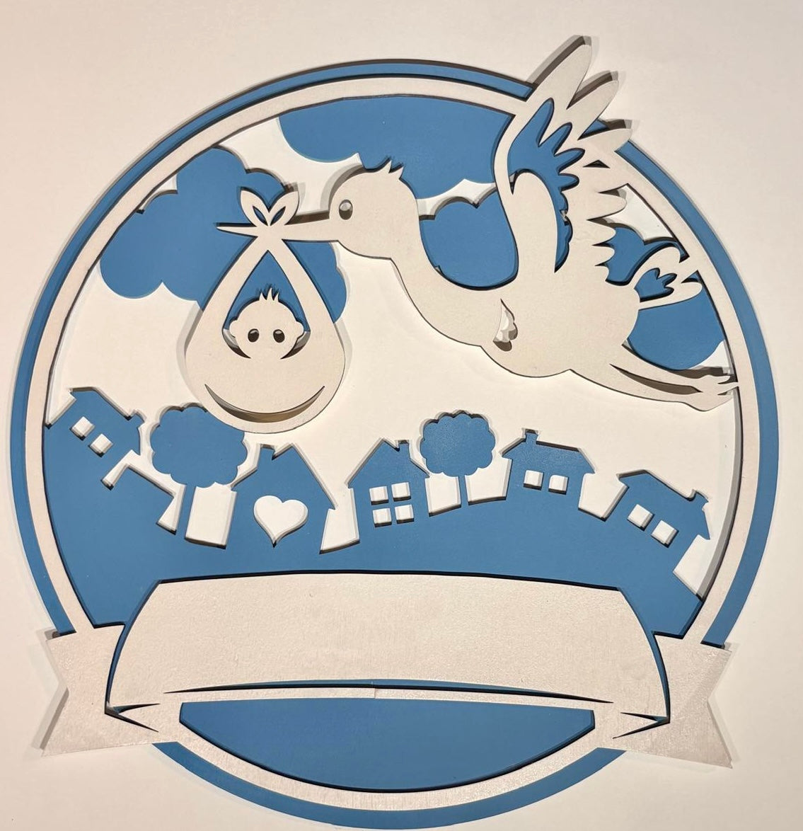 Geboortebord rond ooievaar met naam