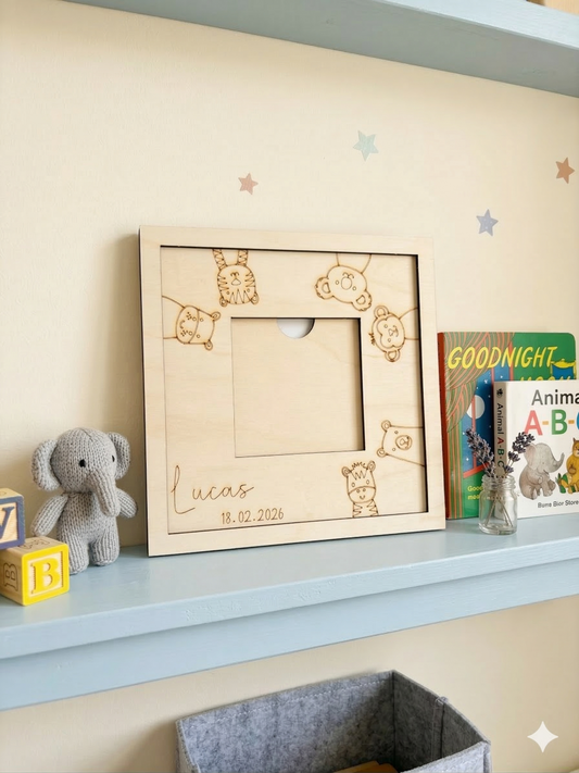 Gepersonaliseerd houten fotolijstje voor baby - safari 2 design