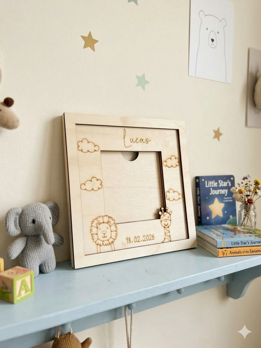 Gepersonaliseerd houten fotolijstje voor baby - safari design