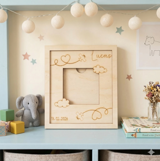 Gepersonaliseerd houten fotolijstje voor baby - vliegtuig design