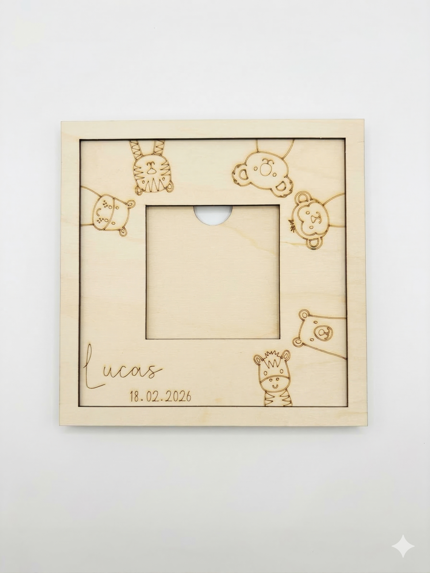 Gepersonaliseerd houten fotolijstje voor baby - safari 2 design