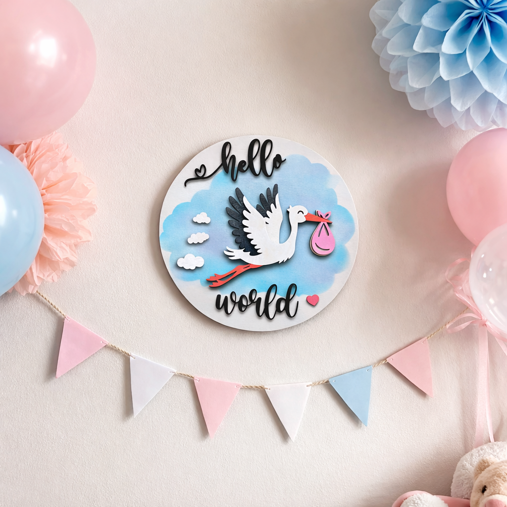Hello World Babyshower Decoratie – Houten Baby Kamer Wanddecoratie 30 cm