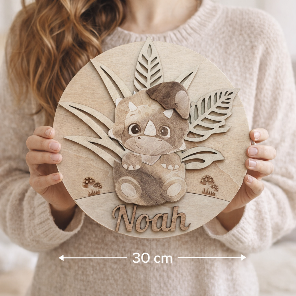 Gepersonaliseerd houten naam bord – Triceratops – Scandinavische babykamer decoratie