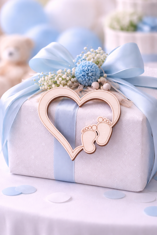 Houten hartdecoratie met babyvoetjes