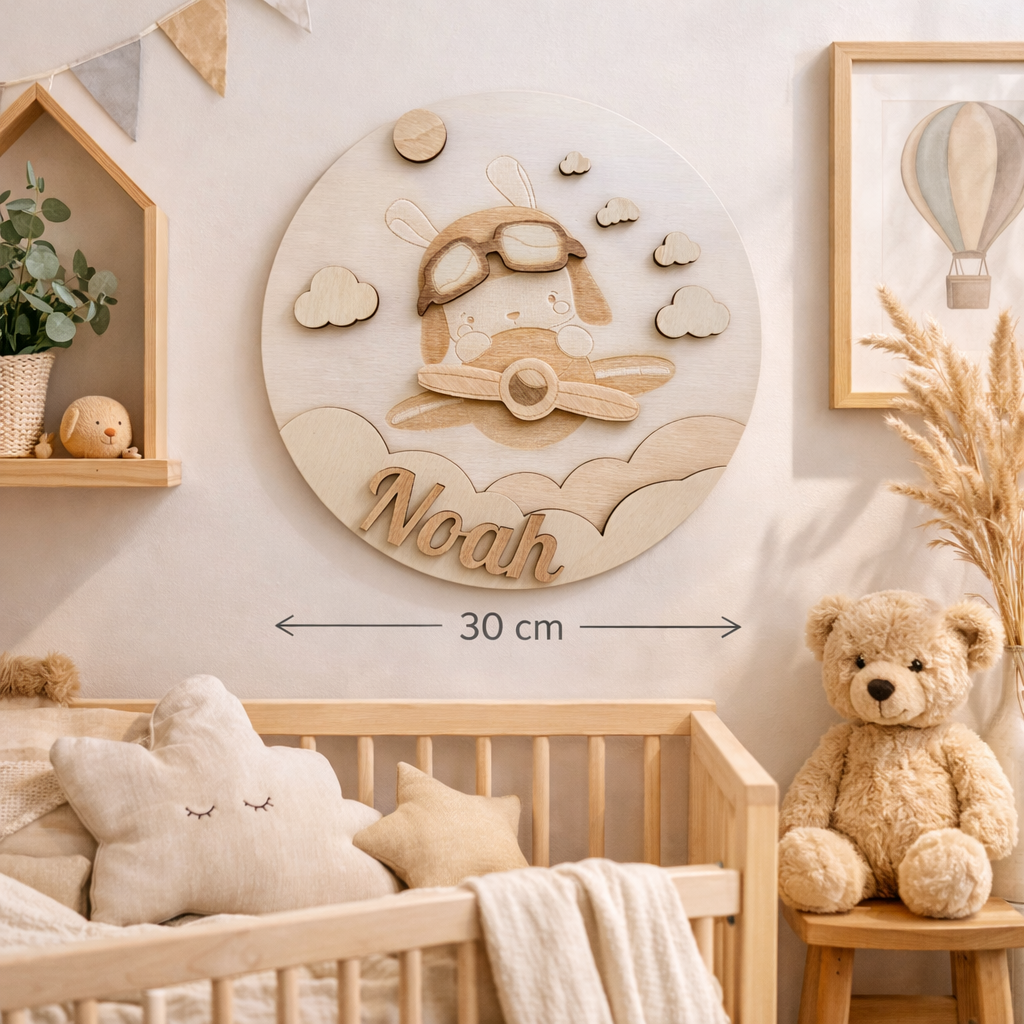 Gepersonaliseerd houten naam bord – konijn en vliegtuig – Scandinavische babykamer decoratie