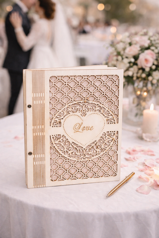 Houten Bruiloft Gastenboek – Gepersonaliseerd met Gravure - hart