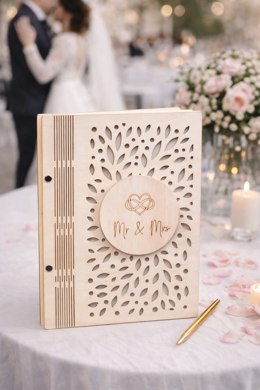 Houten Bruiloft Gastenboek – Gepersonaliseerd met Gravure - Mr & Mrs