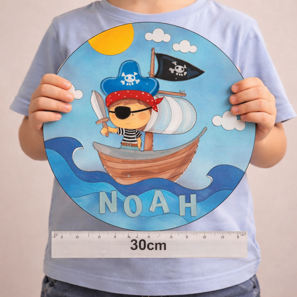 Naambord rond piratenschip met letters