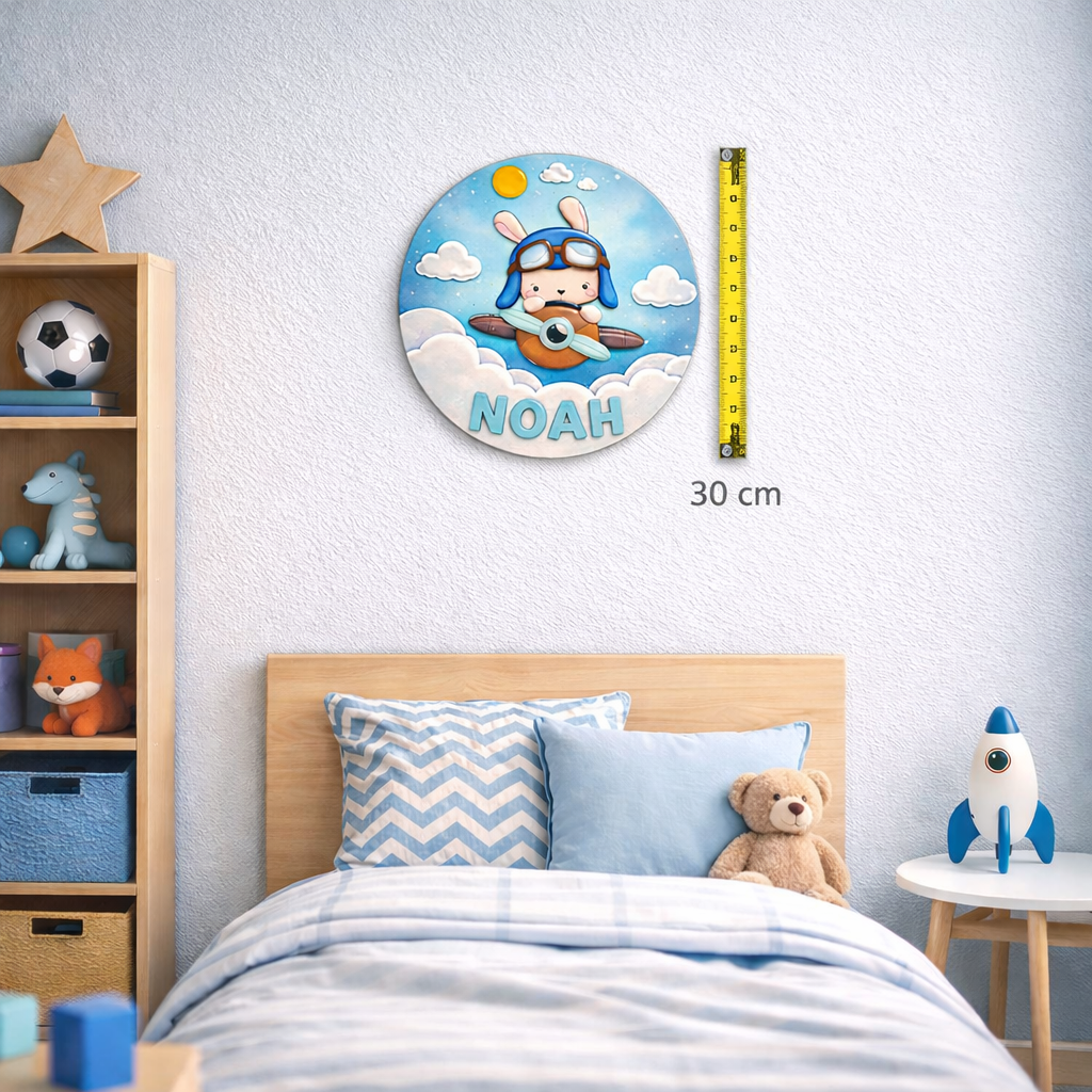 Nameplate round flying rabbit with letters