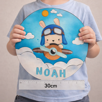 Nameplate round flying rabbit with letters