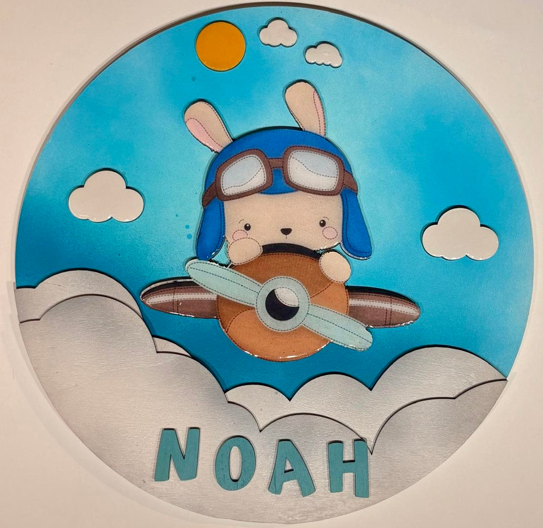Nameplate round flying rabbit with letters