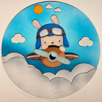 Nameplate round flying rabbit with letters