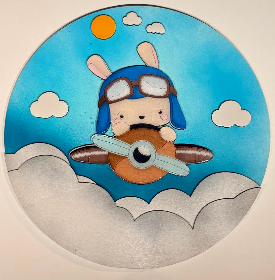 Nameplate round flying rabbit with letters