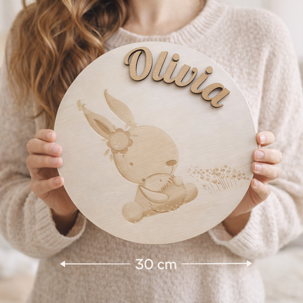 Gepersonaliseerd houten naam bord – Konijn met bloemen – Scandinavische babykamer decoratie