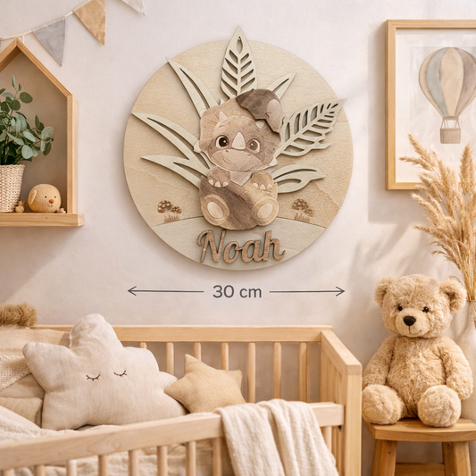 Gepersonaliseerd houten naam bord – Triceratops – Scandinavische babykamer decoratie