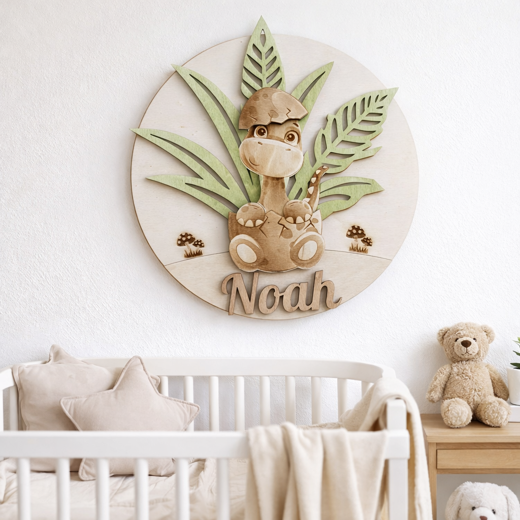 Gepersonaliseerd houten naam bord – Dino – Scandinavische babykamer decoratie
