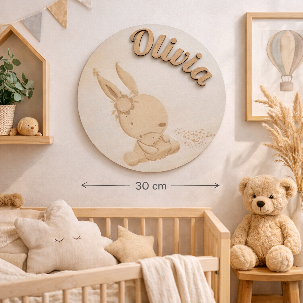 Gepersonaliseerd houten naam bord – Konijn met bloemen – Scandinavische babykamer decoratie