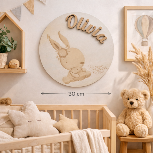 Gepersonaliseerd houten naam bord – Konijn met bloemen – Scandinavische babykamer decoratie
