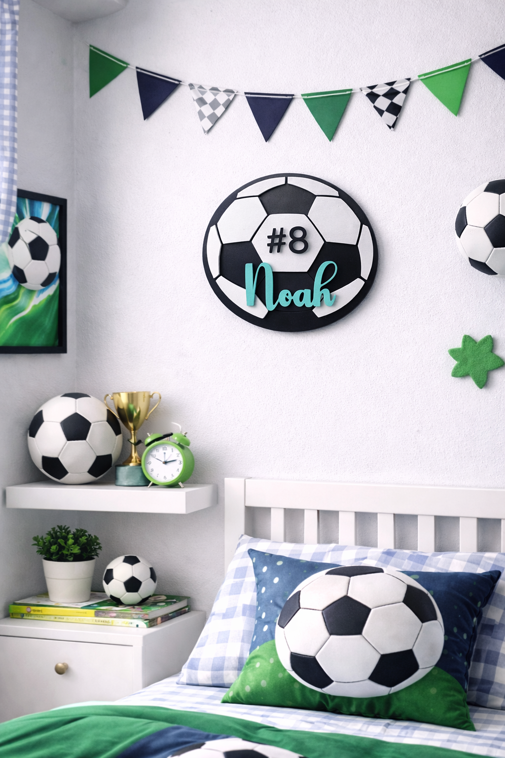 Gepersonaliseerd Voetbal Naambord – Kinderkamer Wanddecoratie met Naam en Nummer