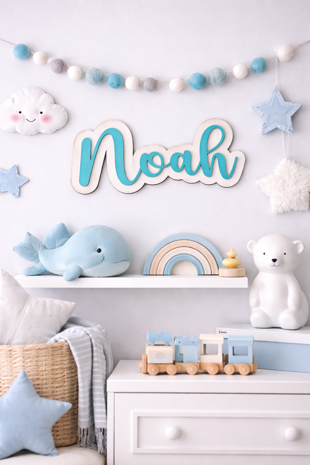 Gepersonaliseerd Houten Naambord Kinderkamer – 3D Naam Bord Babykamer - blau