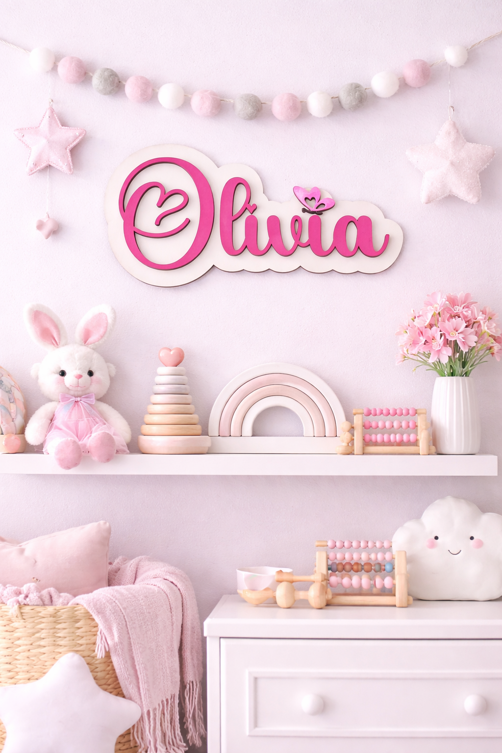 Gepersonaliseerd Houten Naambord Kinderkamer – 3D Naam Bord Babykamer - roze, hart