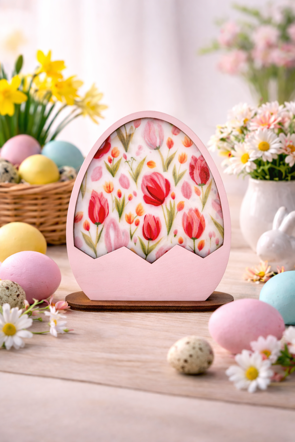 houten paasdecoratie met tulpen