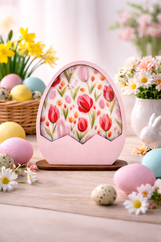 houten paasdecoratie met tulpen