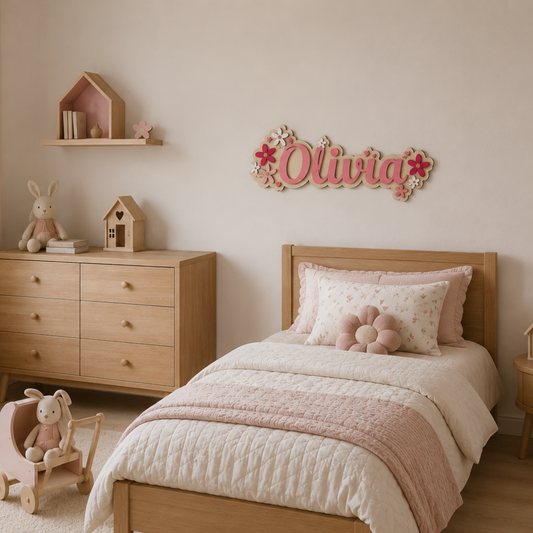 Gepersonaliseerd houten naambord met bloemen